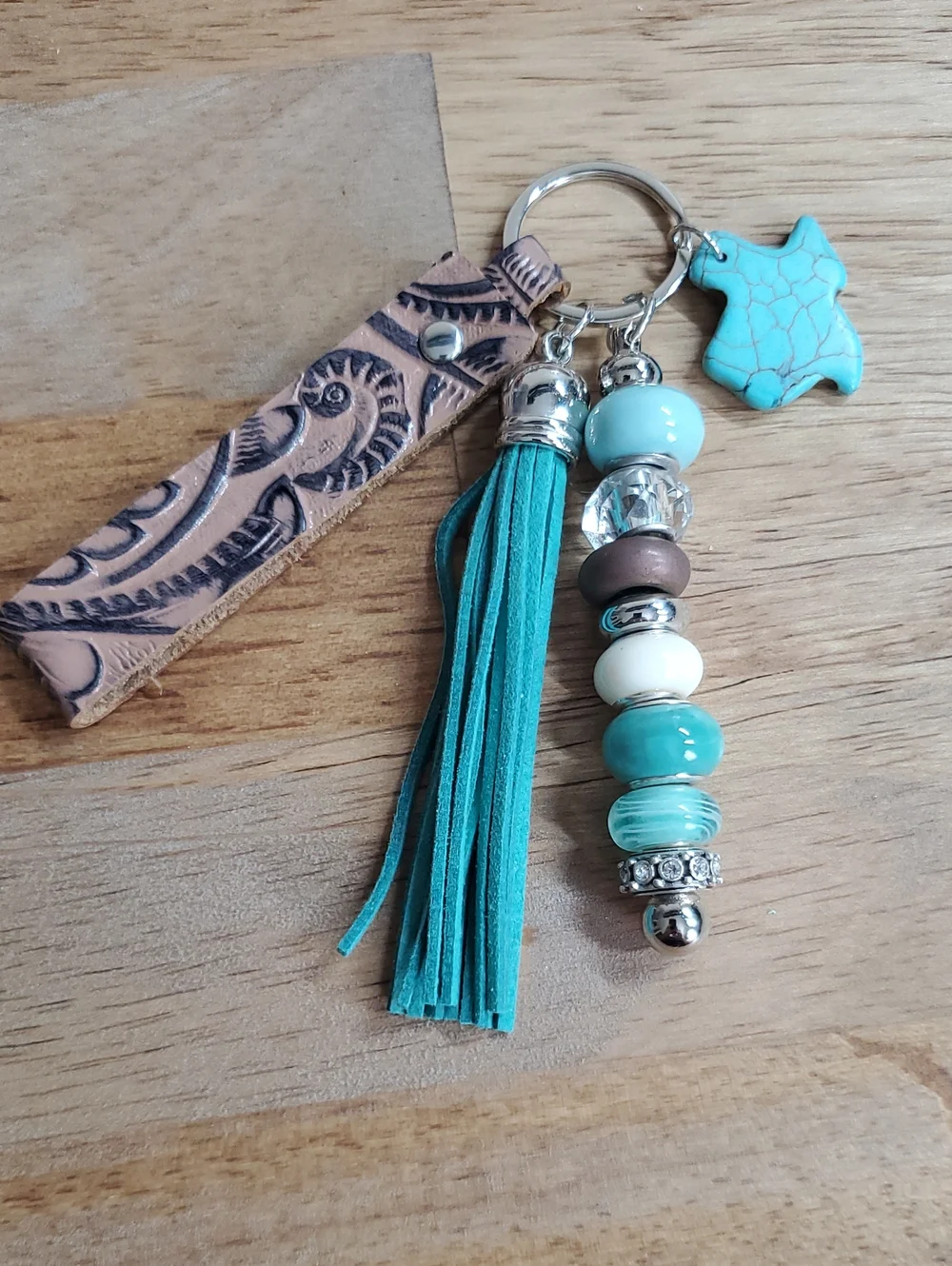 Blue And Green Tassel Beaded Keychain with Charm